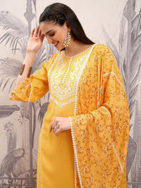 Vishudh Mustard Embroidered Regular Thread Work Kurta with Trousers & Dupatta
