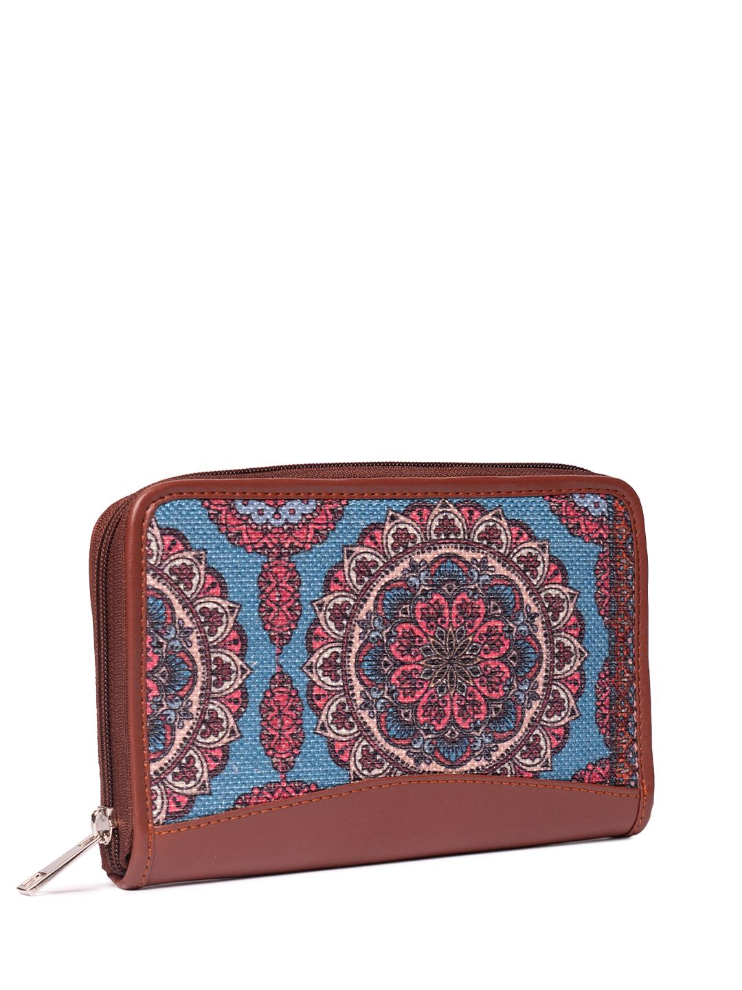ZOUK Women Brown & Blue Geometric Printed Zip Around Wallet with SIM Card Holder