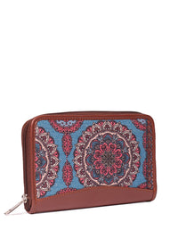 ZOUK Women Brown & Blue Geometric Printed Zip Around Wallet with SIM Card Holder