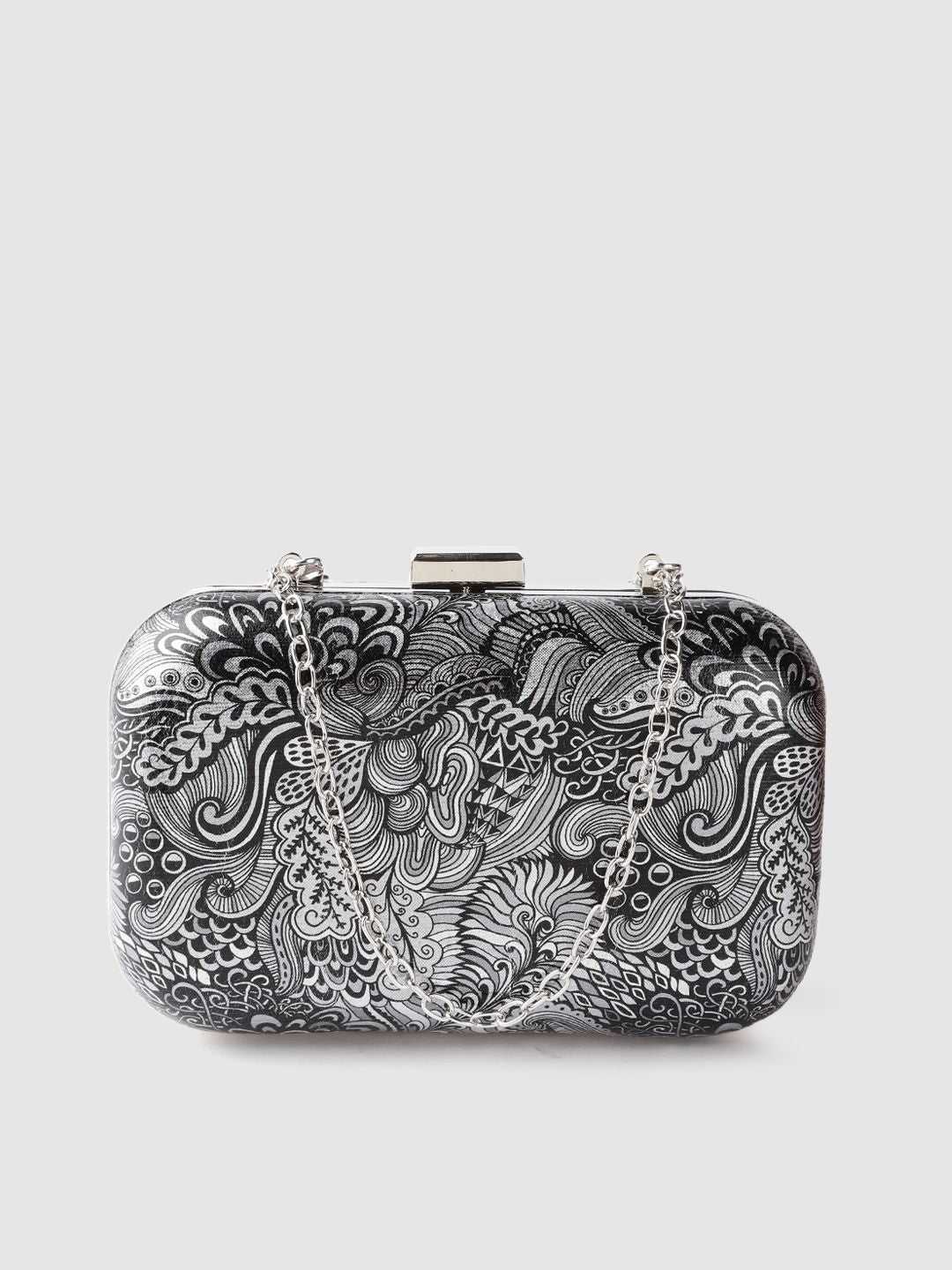 Lino Perros Black & Silver-Toned Printed Box Clutch with Detachable Sling Strap