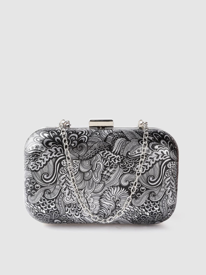 Lino Perros Black & Silver-Toned Printed Box Clutch with Detachable Sling Strap