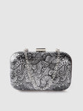 Lino Perros Black & Silver-Toned Printed Box Clutch with Detachable Sling Strap