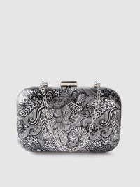 Lino Perros Black & Silver-Toned Printed Box Clutch with Detachable Sling Strap