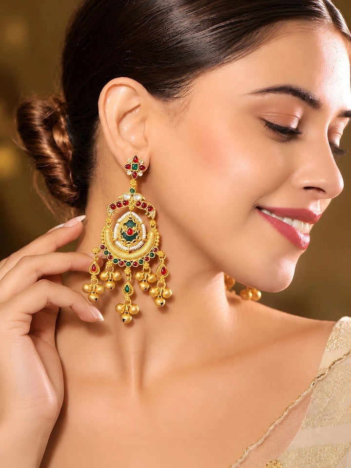 Gold-Toned Multi-Coloured Meenakari Kashmiri Style Kundan Ghungroo Drop Earrings