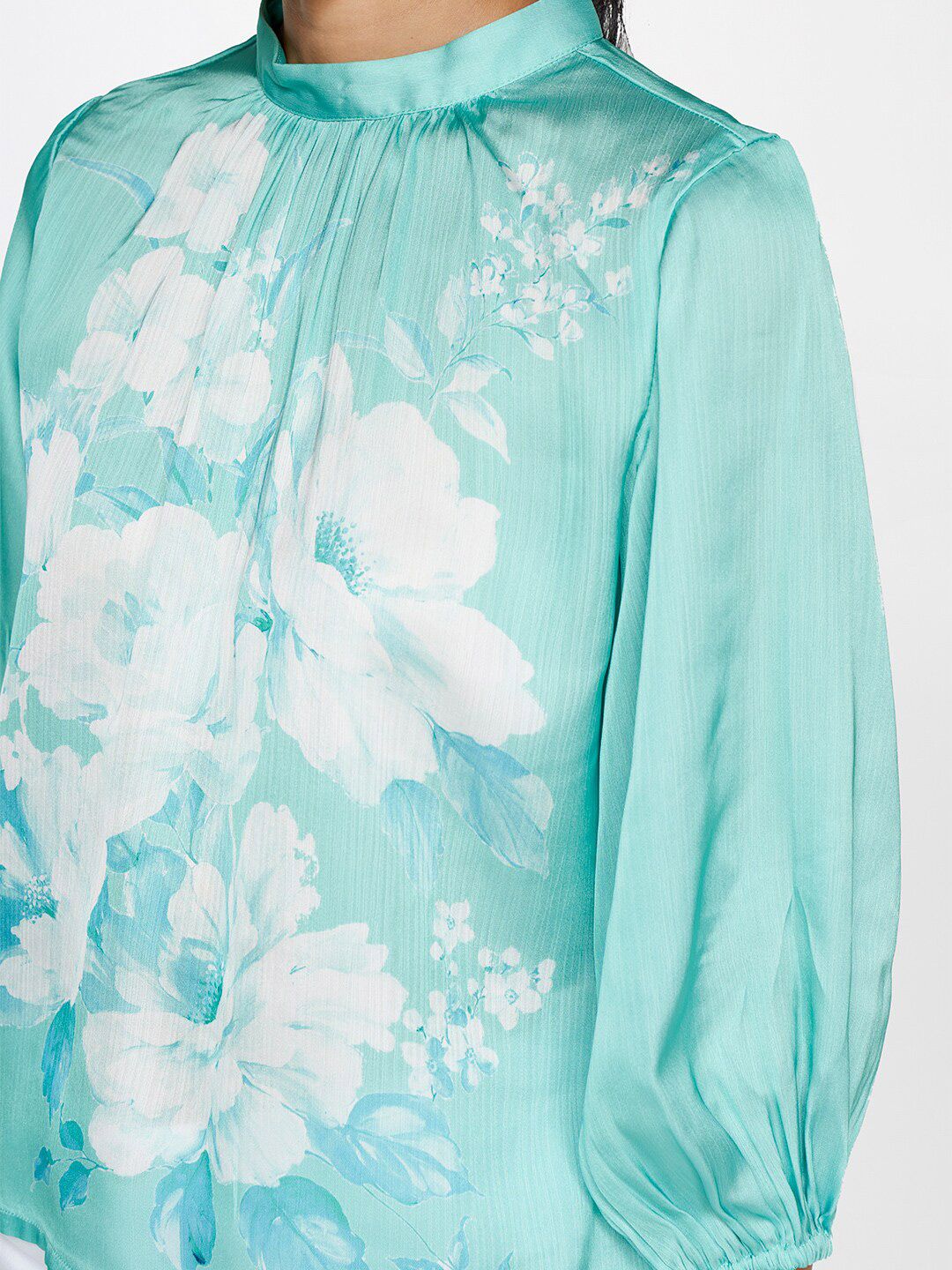 AND Floral Printed High Neck Gathered Puff Sleeves Top