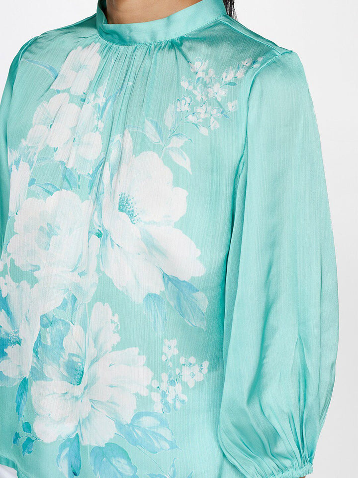 AND Floral Printed High Neck Gathered Puff Sleeves Top