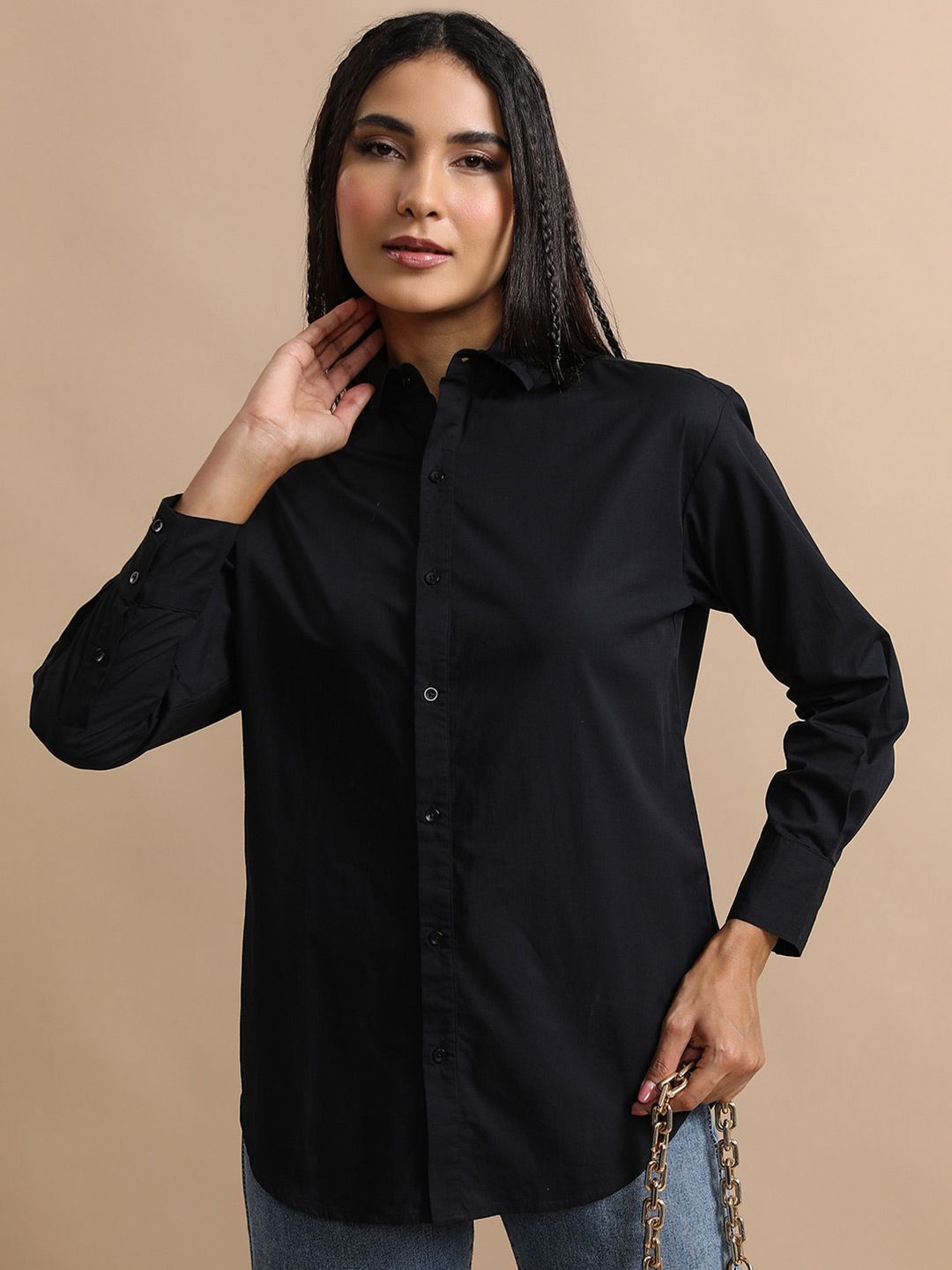 Tokyo Talkies Black Oversized Cotton Casual Shirt