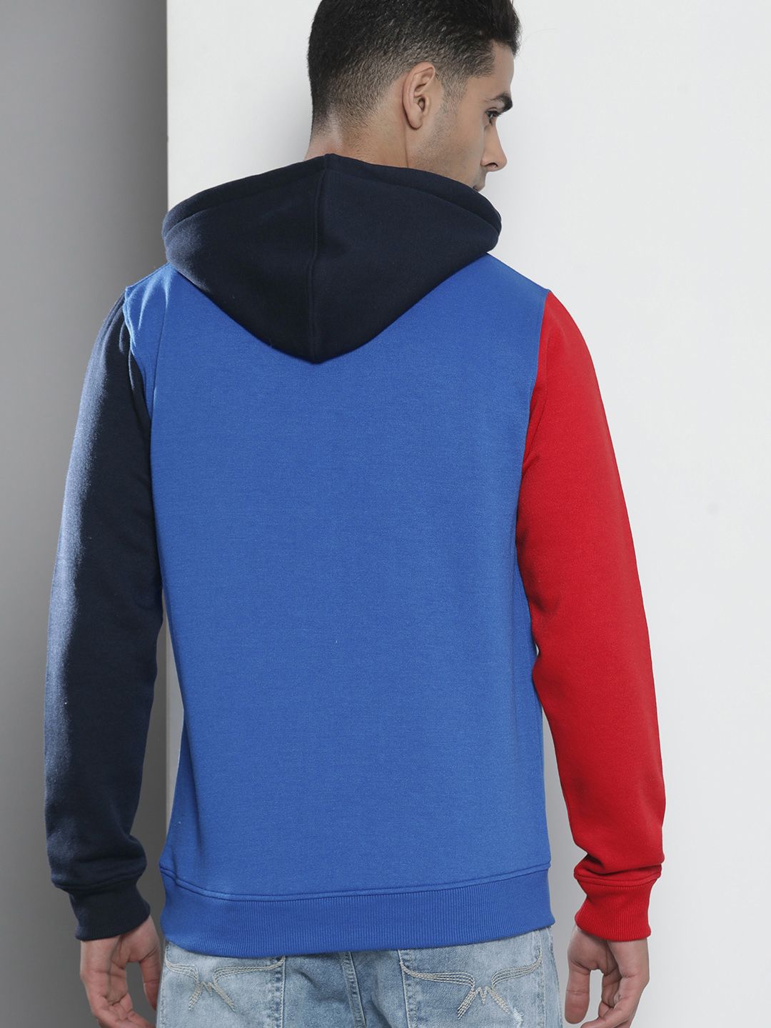 The Indian Garage Co Men Blue & Red Embroidered Hooded Sweatshirt