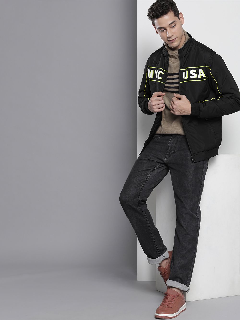 The Indian Garage Co Men Typographic Print Zip-Front Biker Jacket