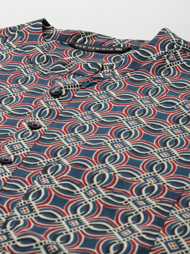 See Designs Men Navy Blue Printed Pure Cotton Kurta with Trousers