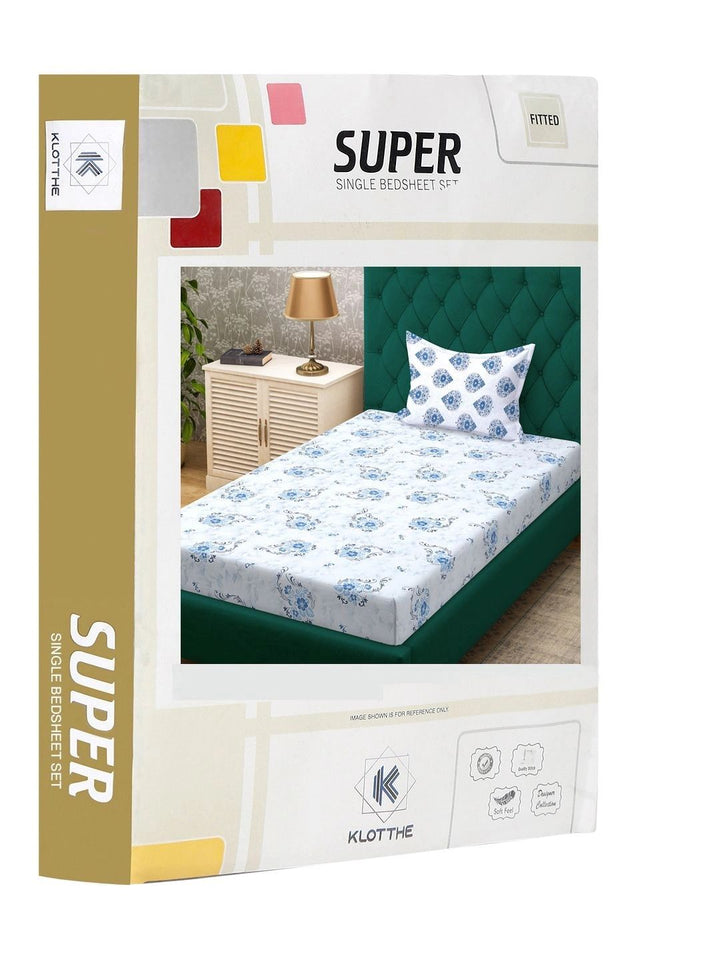 Moda Rapido X KLOTTHE Blue & White Floral 400 TC Single Bedsheet with 1 Pillow Covers