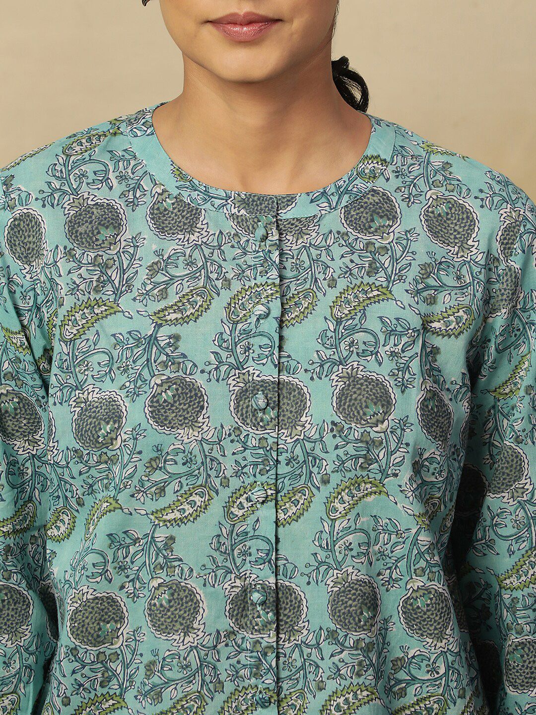 W Blue Floral Printed Mandarin Collar Shirt Style Cotton Top