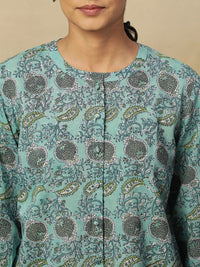 W Blue Floral Printed Mandarin Collar Shirt Style Cotton Top