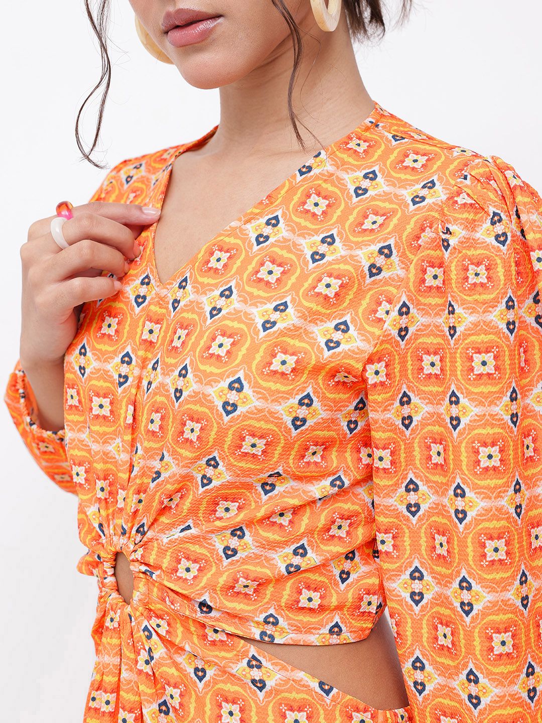 DressBerry Modern Fusion V-Neck Ethnic Print Cut-Out A-line Midi Dress