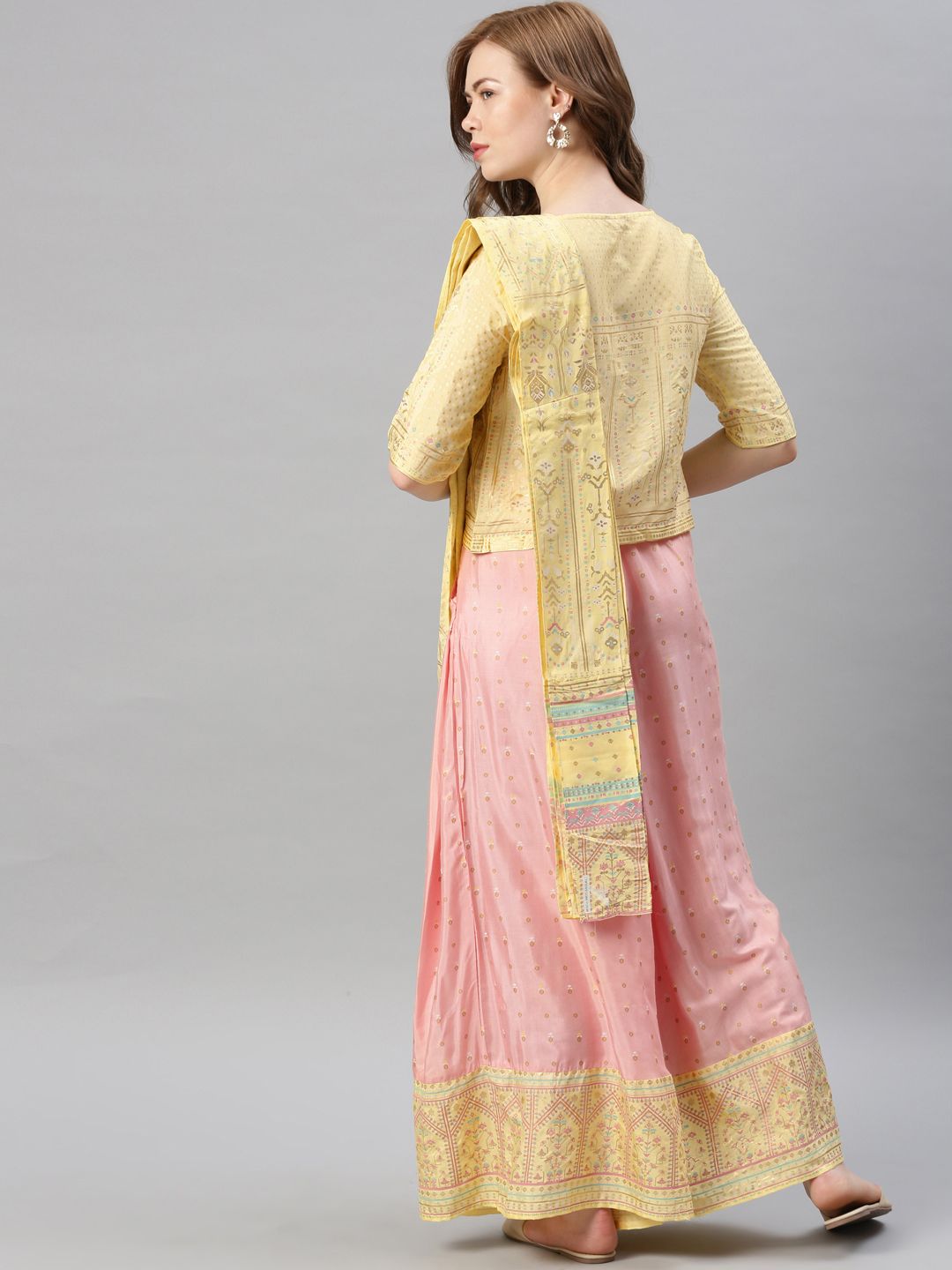 W Women Yellow & Pink Printed Top with Palazzos & Dupatta