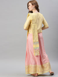W Women Yellow & Pink Printed Top with Palazzos & Dupatta