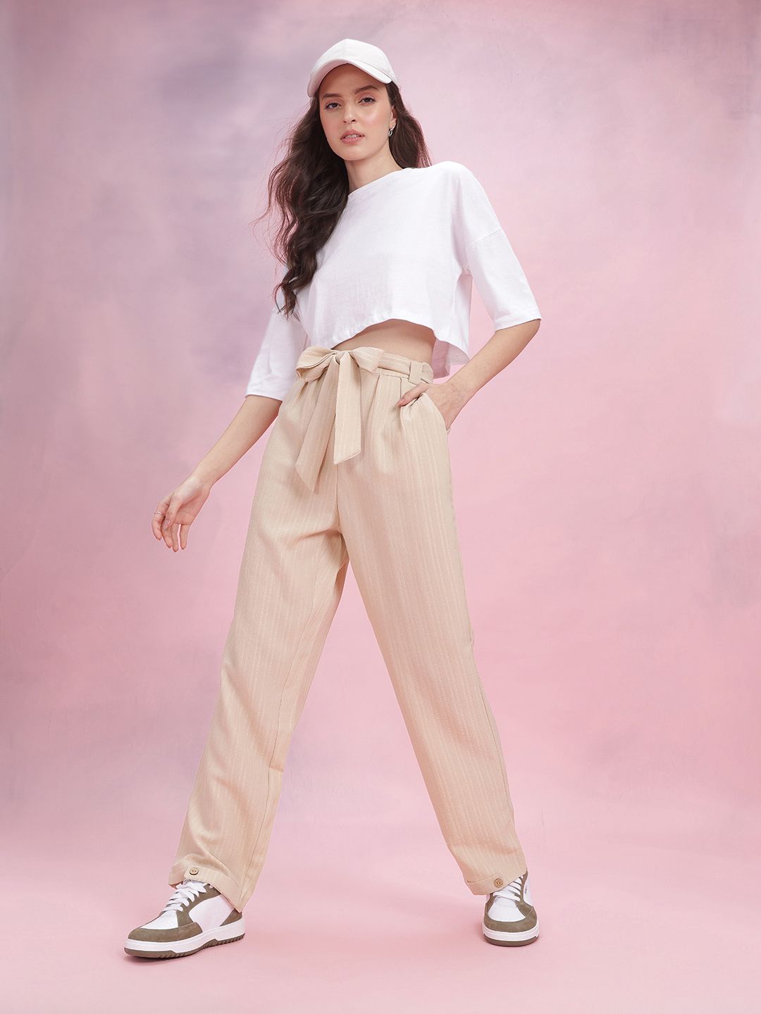DressBerry Women Self Striped Belted Trousers