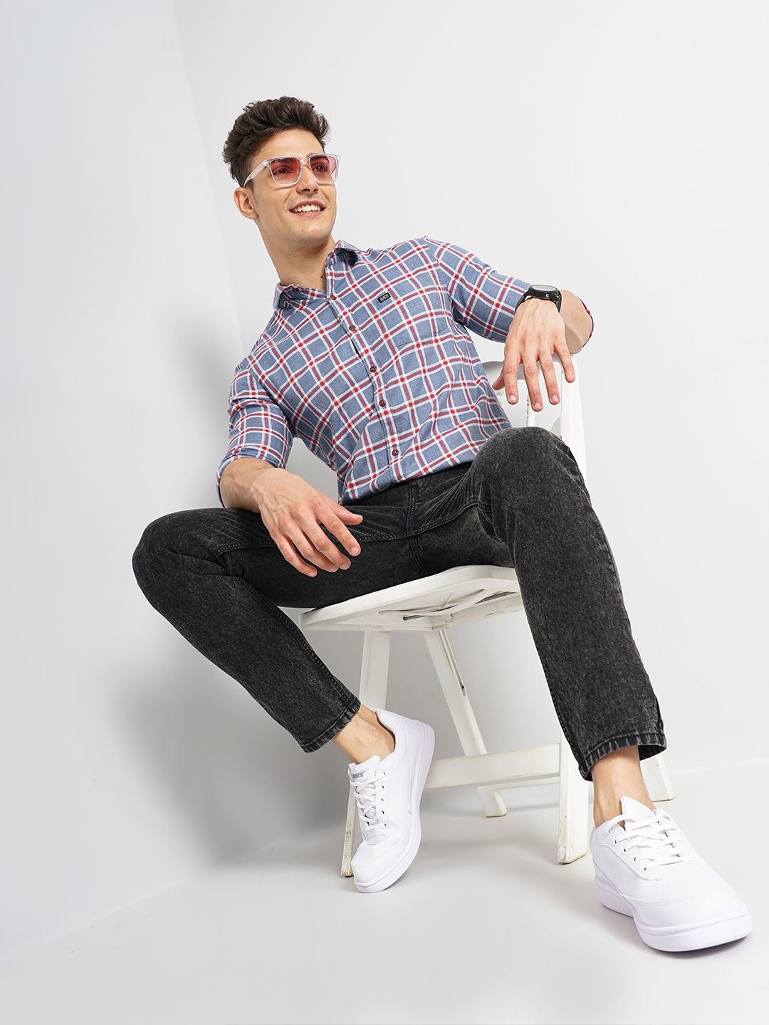 The Indian Garage Co Spread Collar Classic Slim Fit Tartan Checked Casual Cotton Shirt