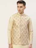 Jompers Cream Ethnic Motifs Printed Regular Fit Silk Blend Nehru Jacket