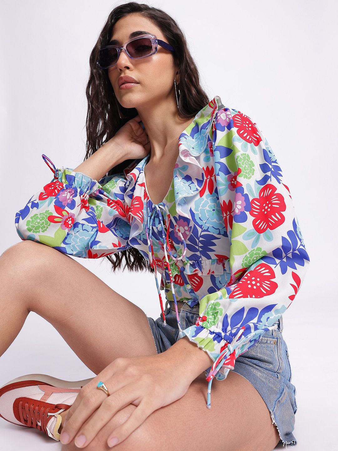 DressBerry Floral Haze Printed Ruffled Top with Tie-Up Detail