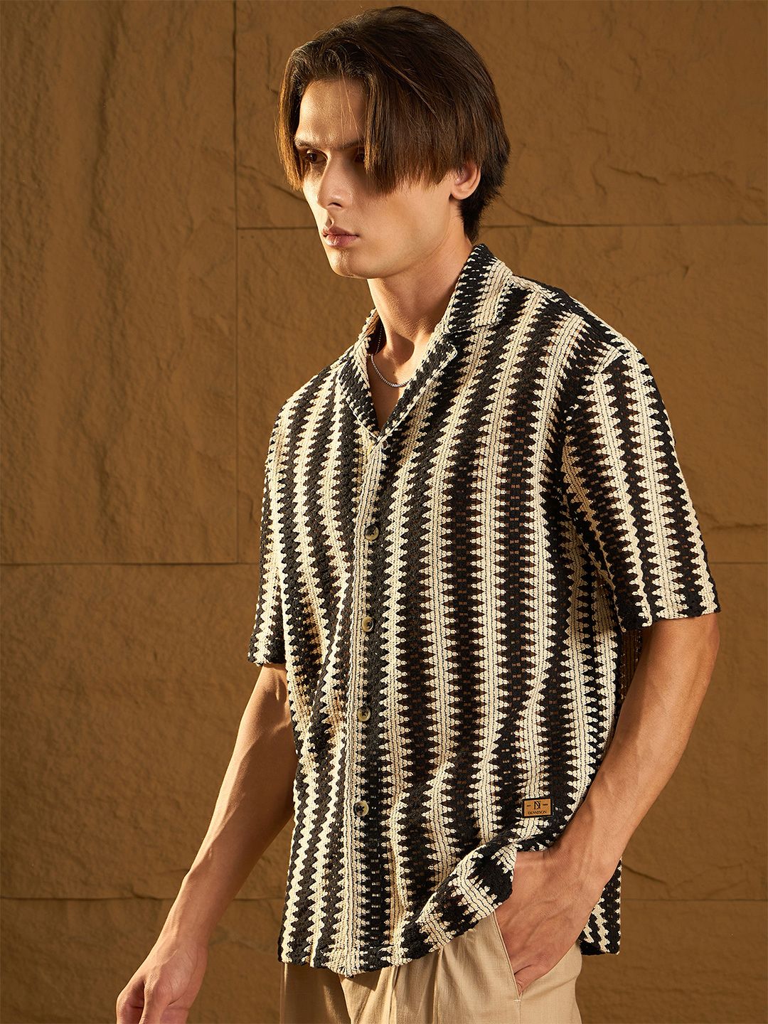DENNISON Men Zig Zag Pattern Oversized Crochet Shirt