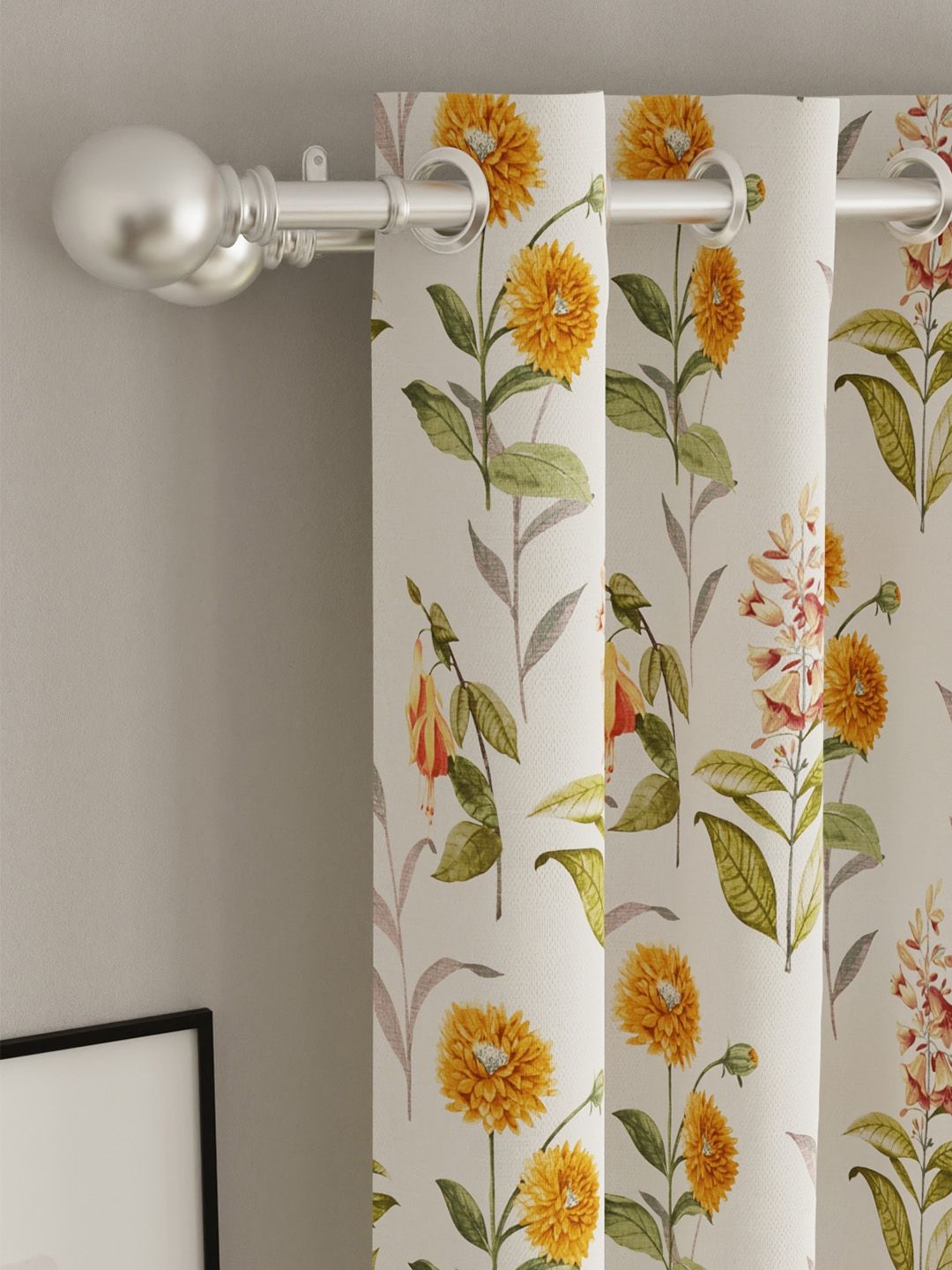 URBAN SPACE Pack of 2 White & Yellow Floral Printed Room Darkening Window Curtain