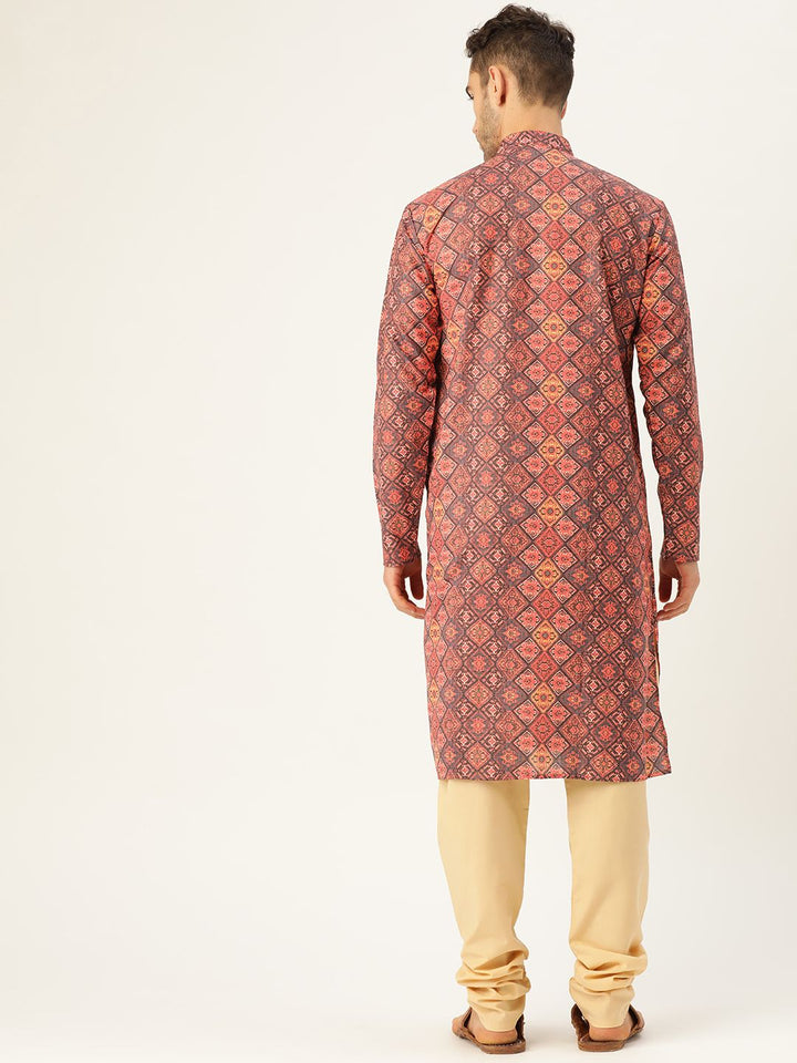 SOJANYA Lelaki Rust Orange & Black Printed Straight Kurta