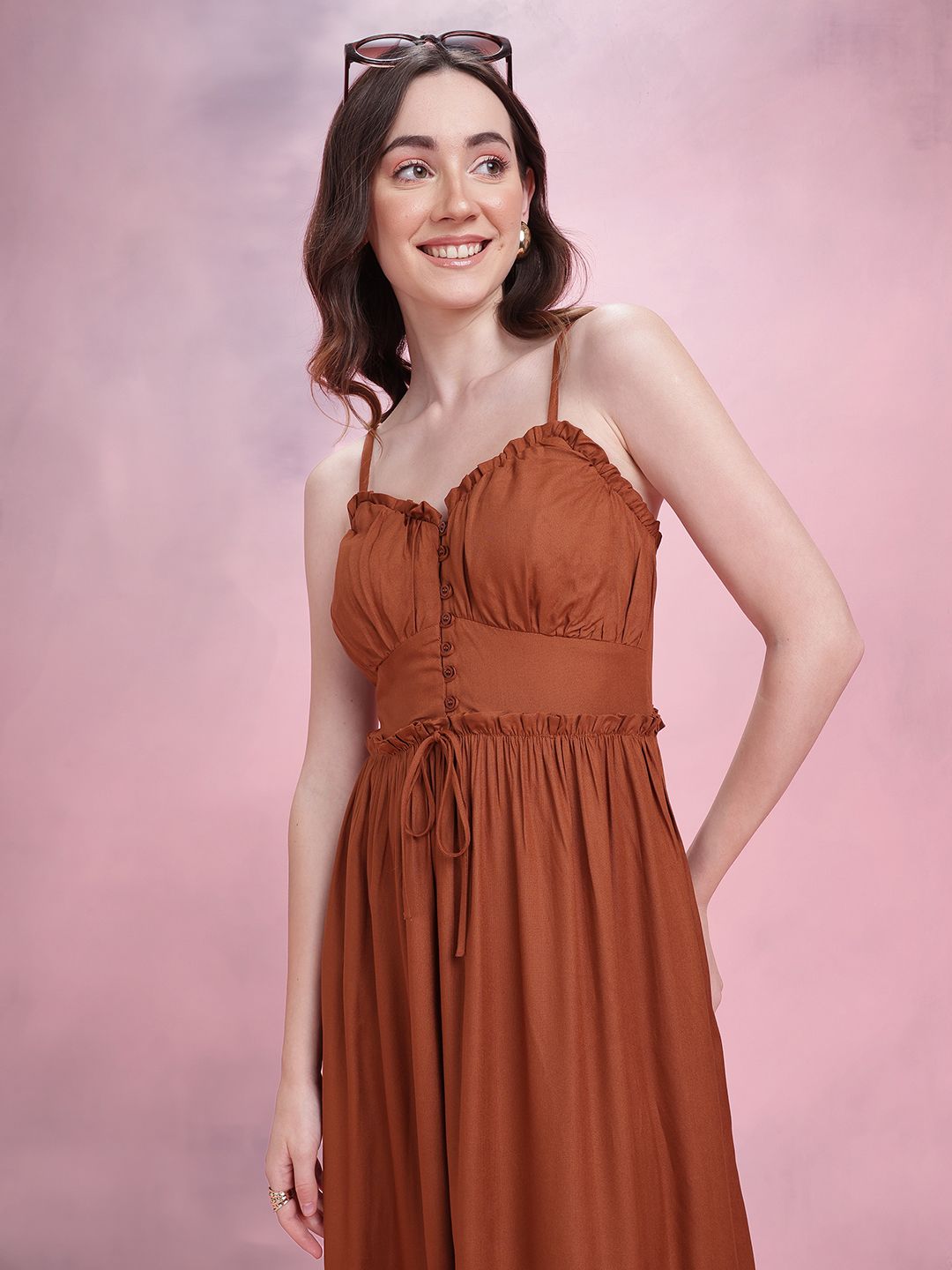 DressBerry Shoulder Straps Ruffle & Tie-Up Detail Midi Empire Dress