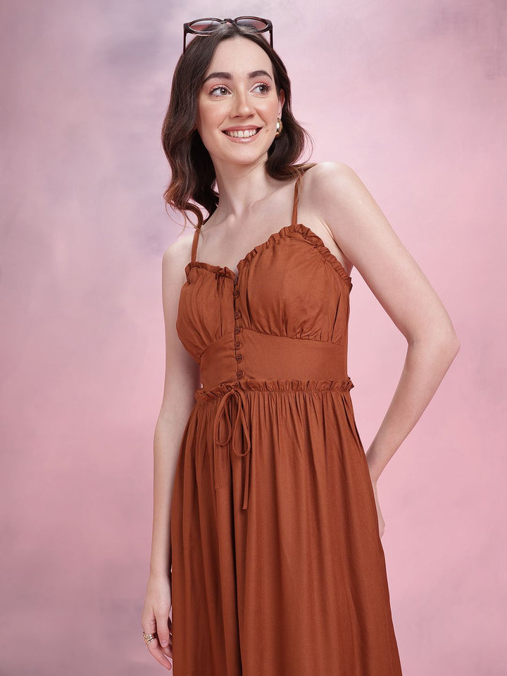 DressBerry Shoulder Straps Ruffle & Tie-Up Detail Midi Empire Dress
