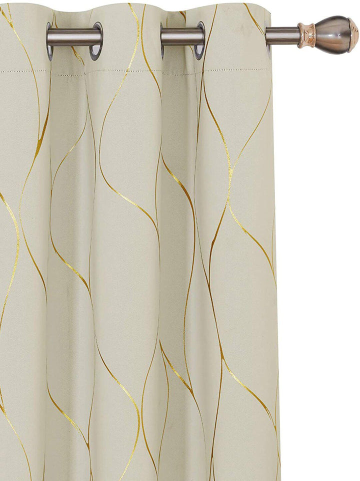 URBAN SPACE Gold Foil Beige Printed Cotton Black Out Window Curtain