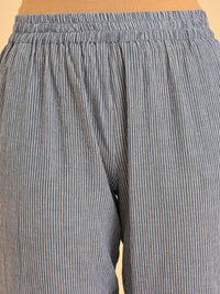 W Blue & White Striped Thread Work A-Line Pure Cotton Kurta with Trousers