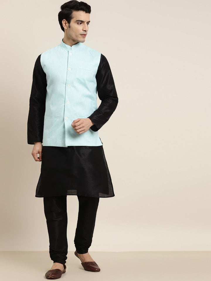 SOJANYA Men Black Solid Kurta with Churidar & Nehru Jacket