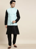 SOJANYA Men Black Solid Kurta with Churidar & Nehru Jacket