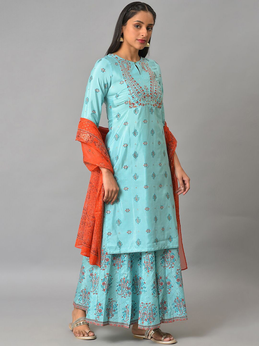 W Women Festive Floral Print Shantung Kurta With Cullote & Dupatta