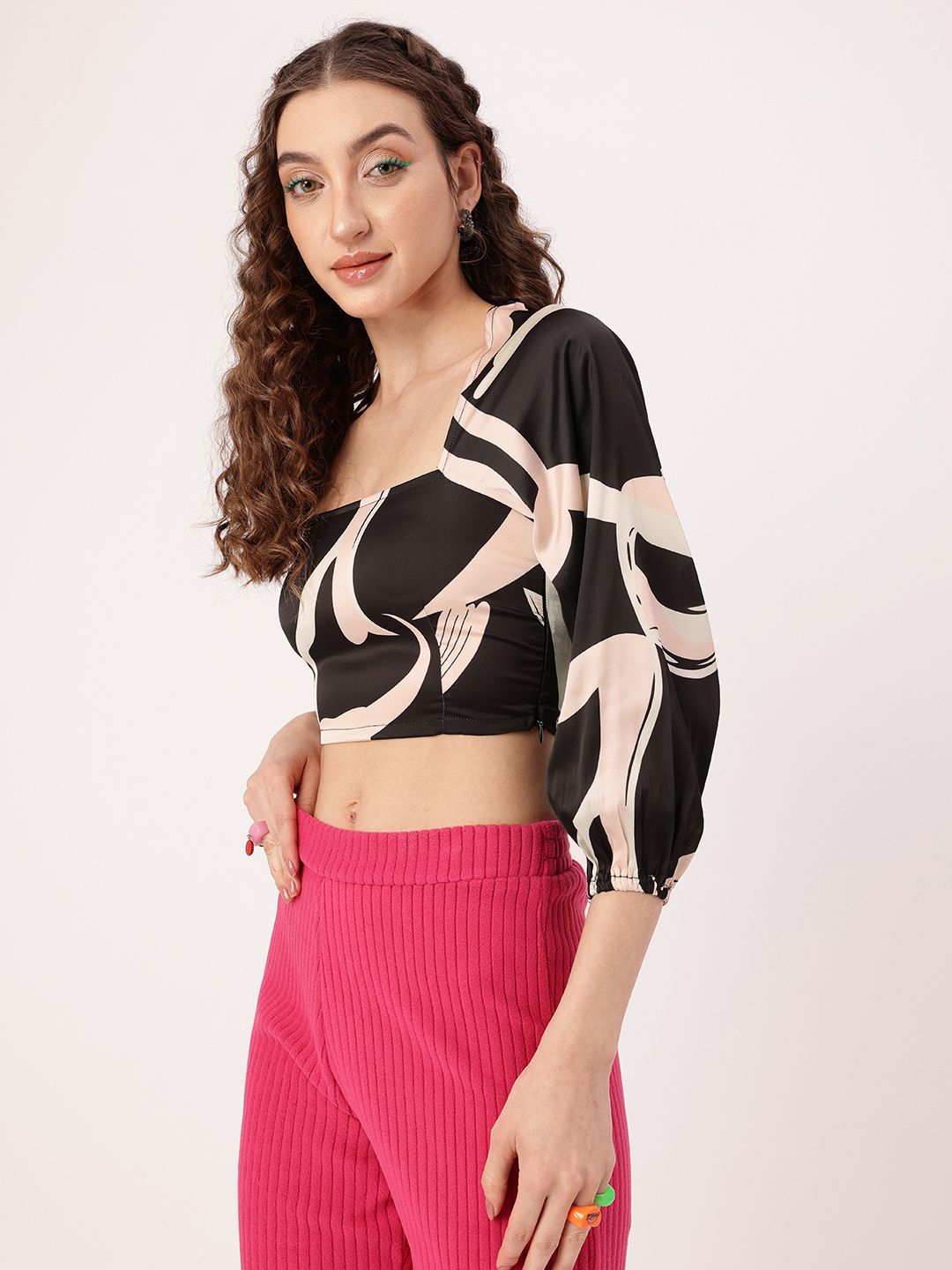DressBerry Grunge Galore Monotone Printed Fitted Satin Crop Top