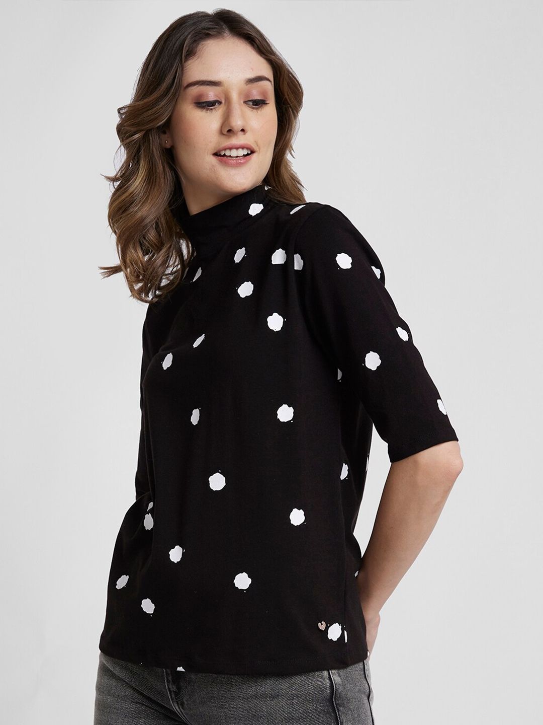 SPYKAR Polka Dots Printed High Neck Cotton Top
