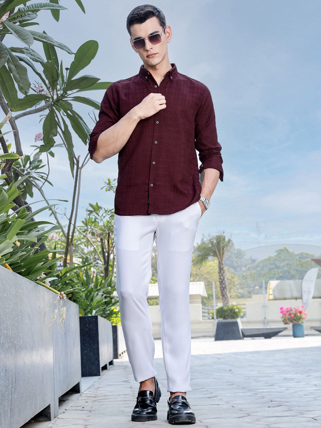 Thomas Scott Men Premium Regular Fit Button-Down Collar Textured Casual Shirt
