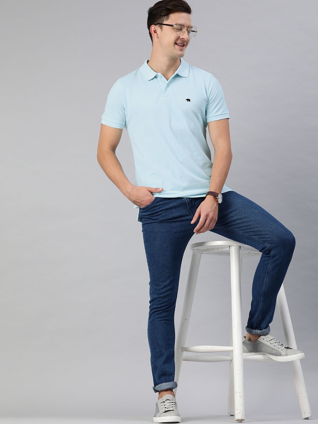 THE BEAR HOUSE Men Solid Blue Polo Collar Pure Cotton T-shirt