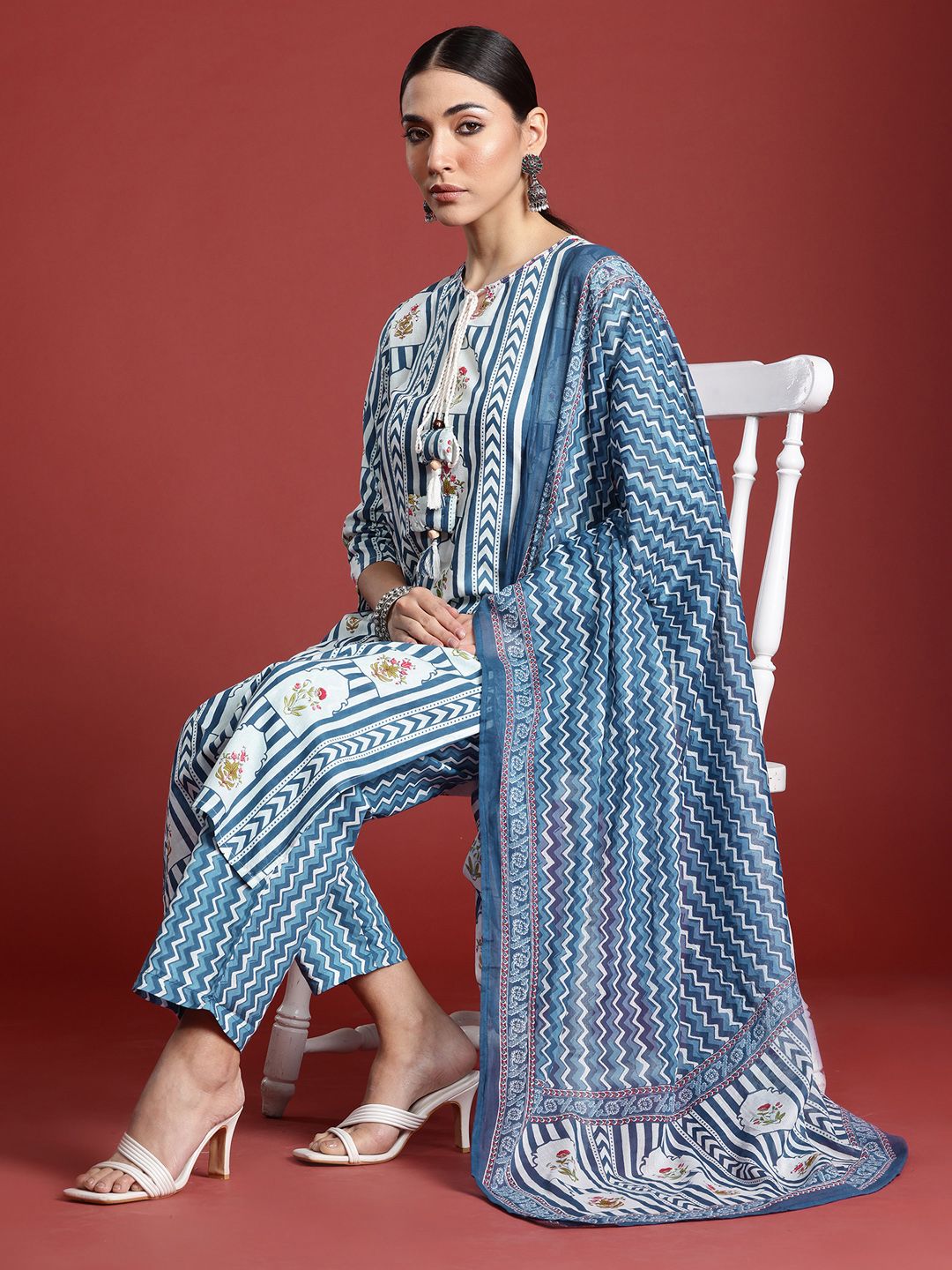 Indo Era Ethnic Motifs Printed Sequinned Pure Cotton Kurta with Trousers & With Dupatta