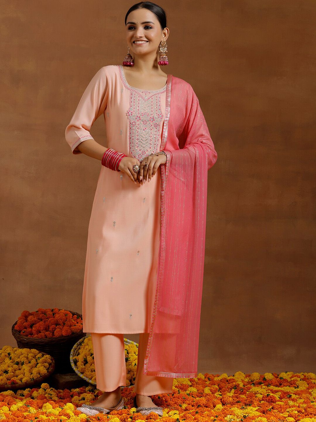 Libas Floral Yoke Design Regular Sequinned Straight Kurta With Trousers & Dupatta