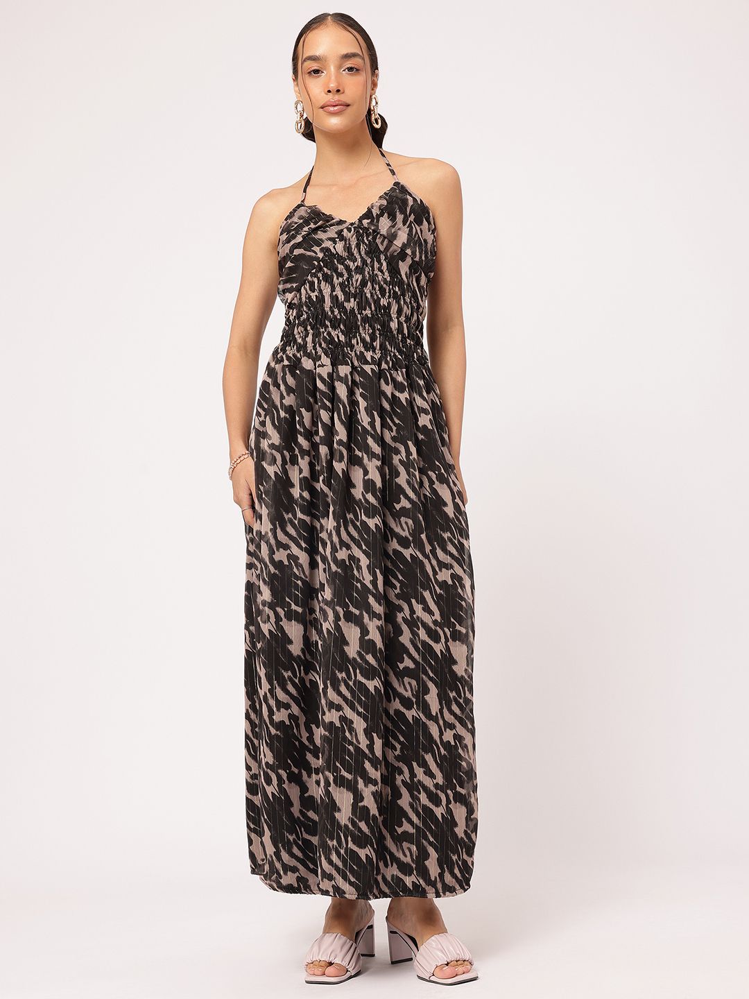 DressBerry Retro Vibes Animal Print Halter Neck Smocked Maxi Dress