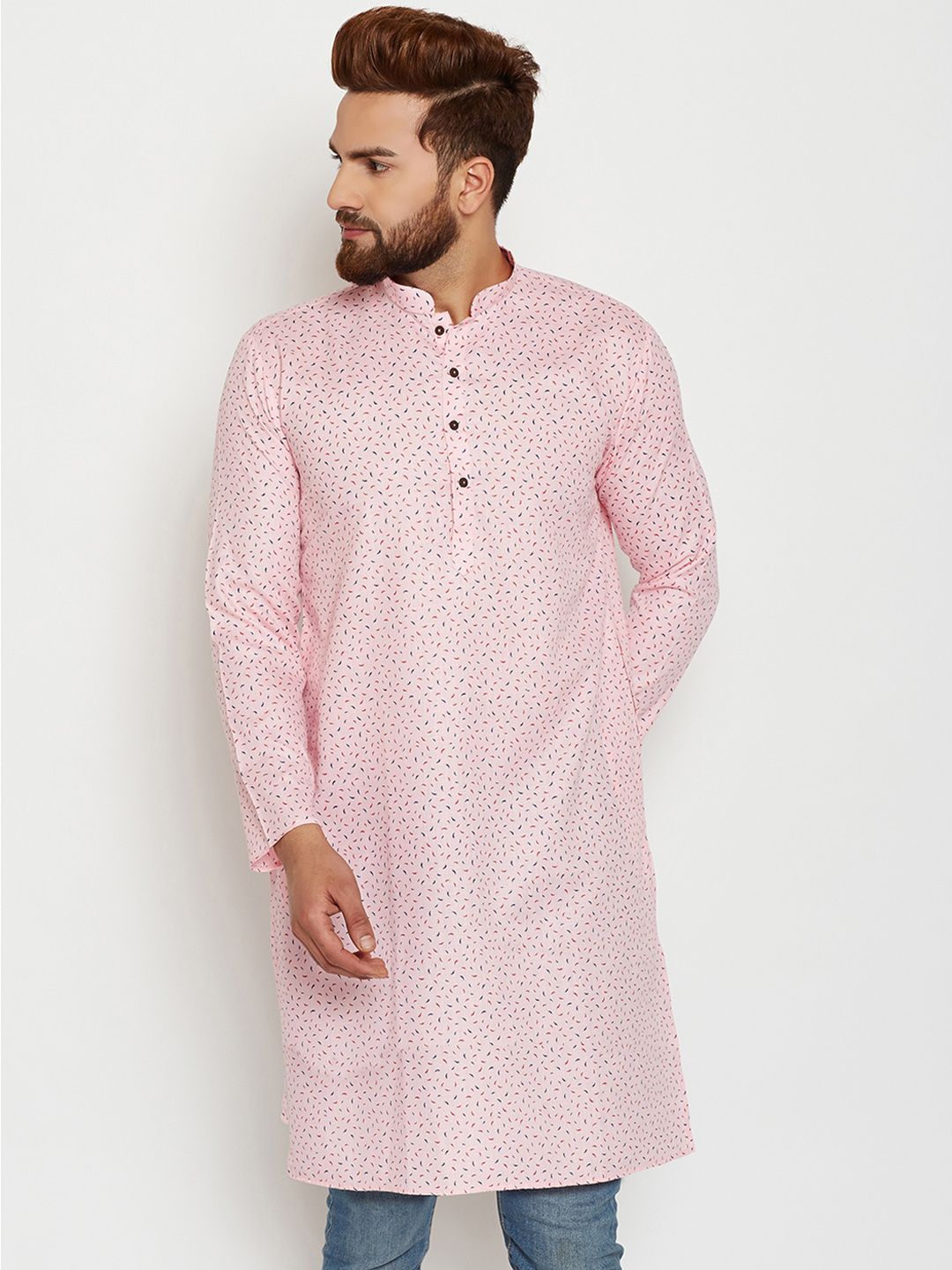 SOJANYA Men Pink & Red Printed Straight Kurta