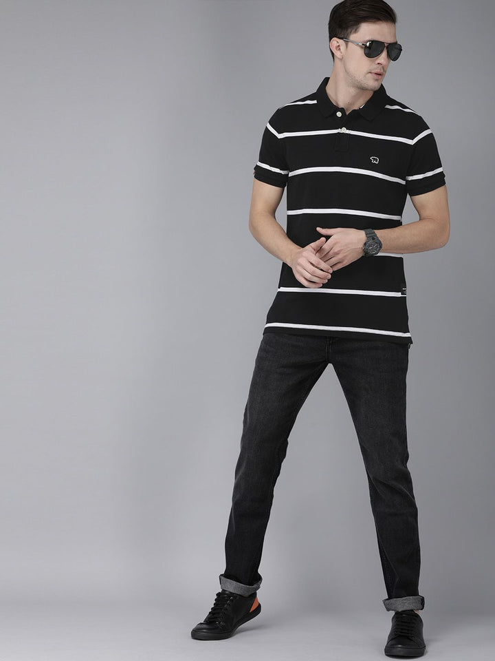 THE BEAR HOUSE Men Black  White Striped Polo Collar Slim Fit Pure Cotton T-shirt