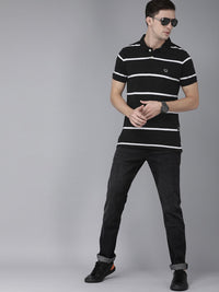 THE BEAR HOUSE Men Black  White Striped Polo Collar Slim Fit Pure Cotton T-shirt