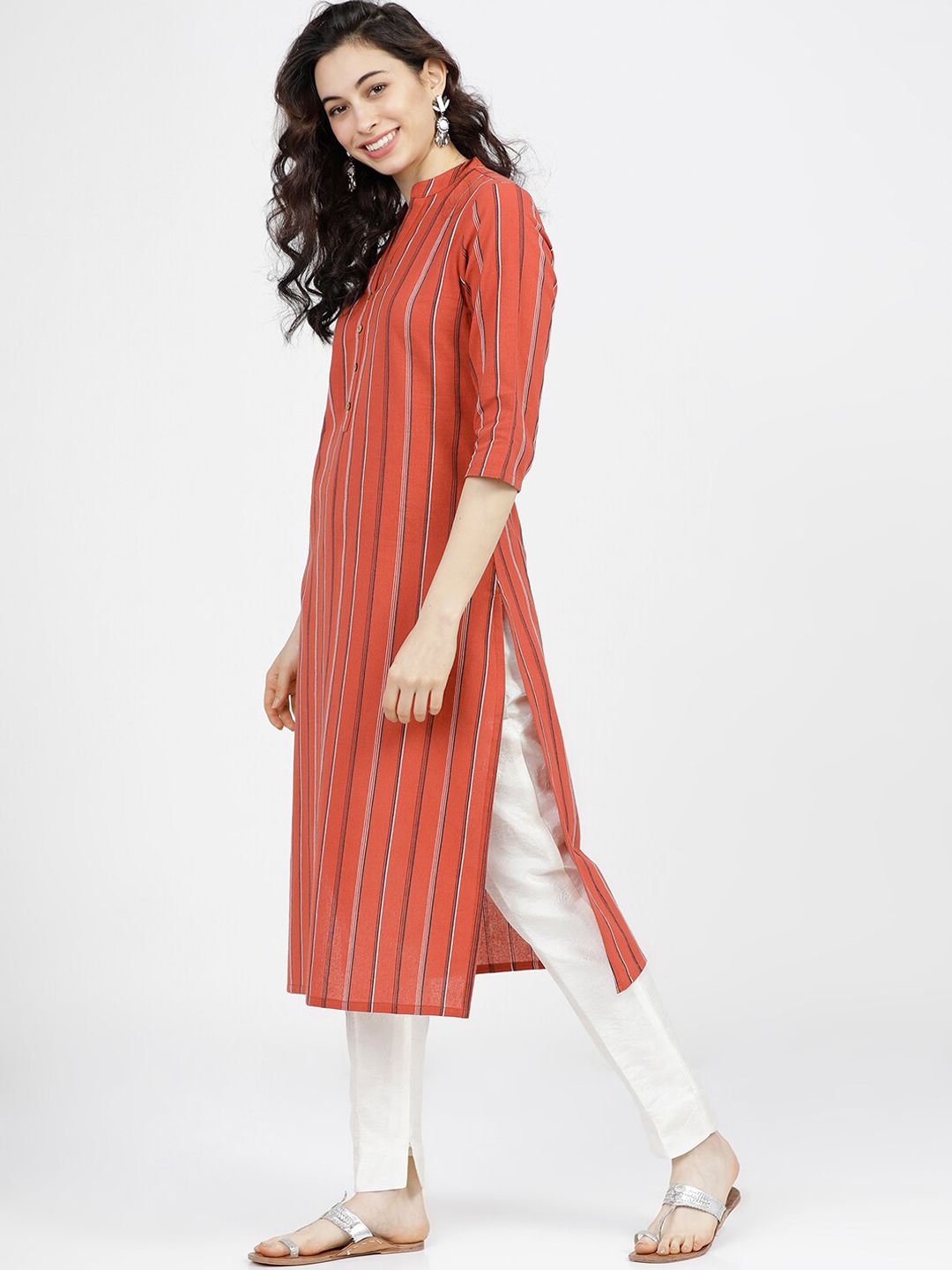Vishudh Women Rust Red Striped Kurta