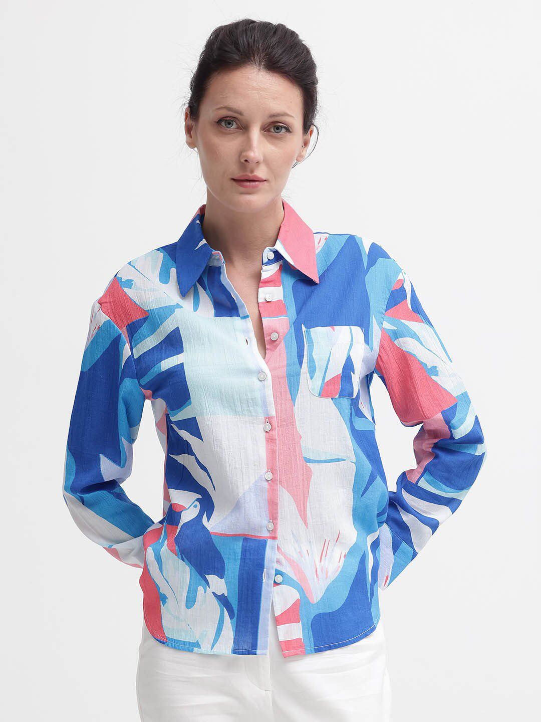 RAREISM Print Mandarin Collar Cotton Top