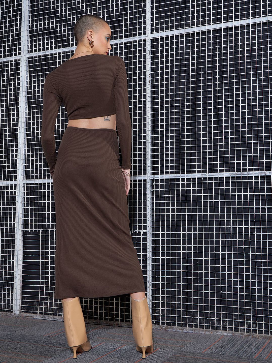 SASSAFRAS Brown Cut-Out Midi Sheath Dress