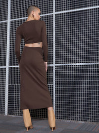 SASSAFRAS Brown Cut-Out Midi Sheath Dress