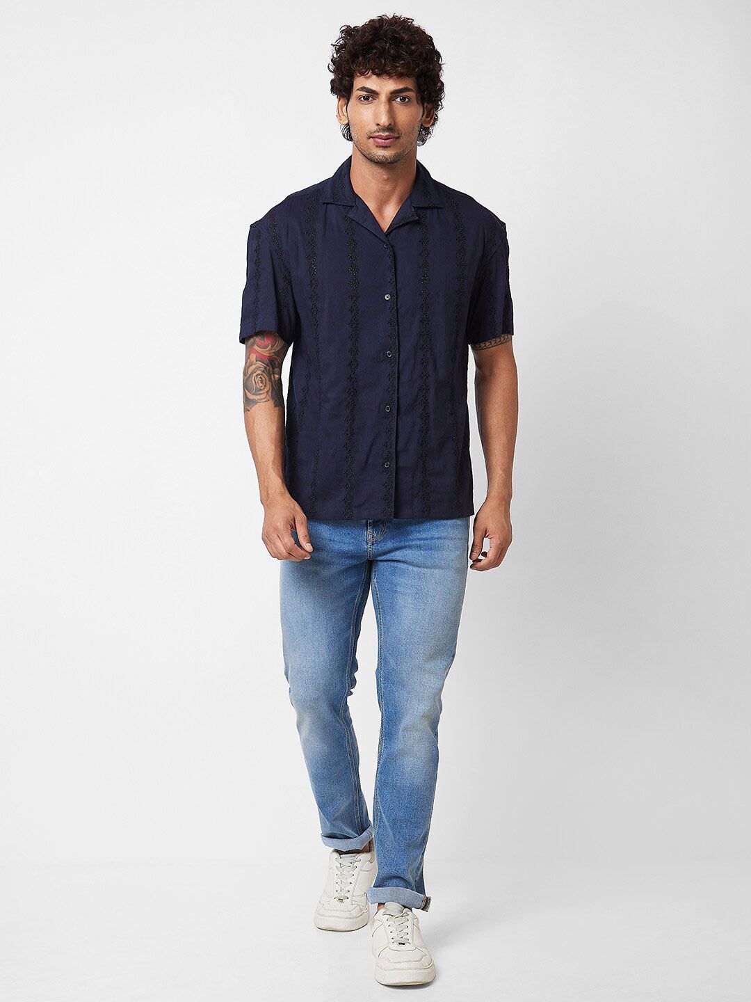 SPYKAR Floral Embroidered Cuban Collar Cotton Casual Shirt