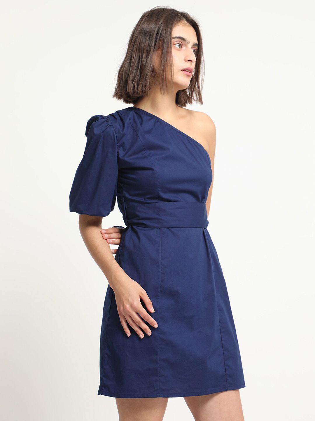 RAREISM One Shoulder Belted Detailed A-Line Poplin Dress